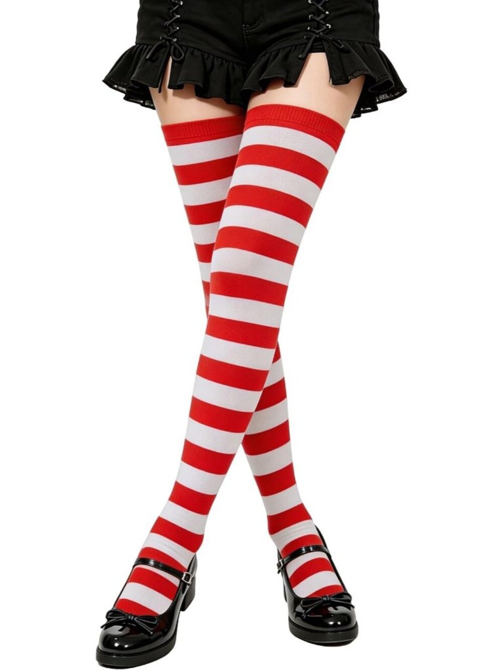 Women's Red White Pumpkin Striped Thigh High Over Knee Halloween Socks